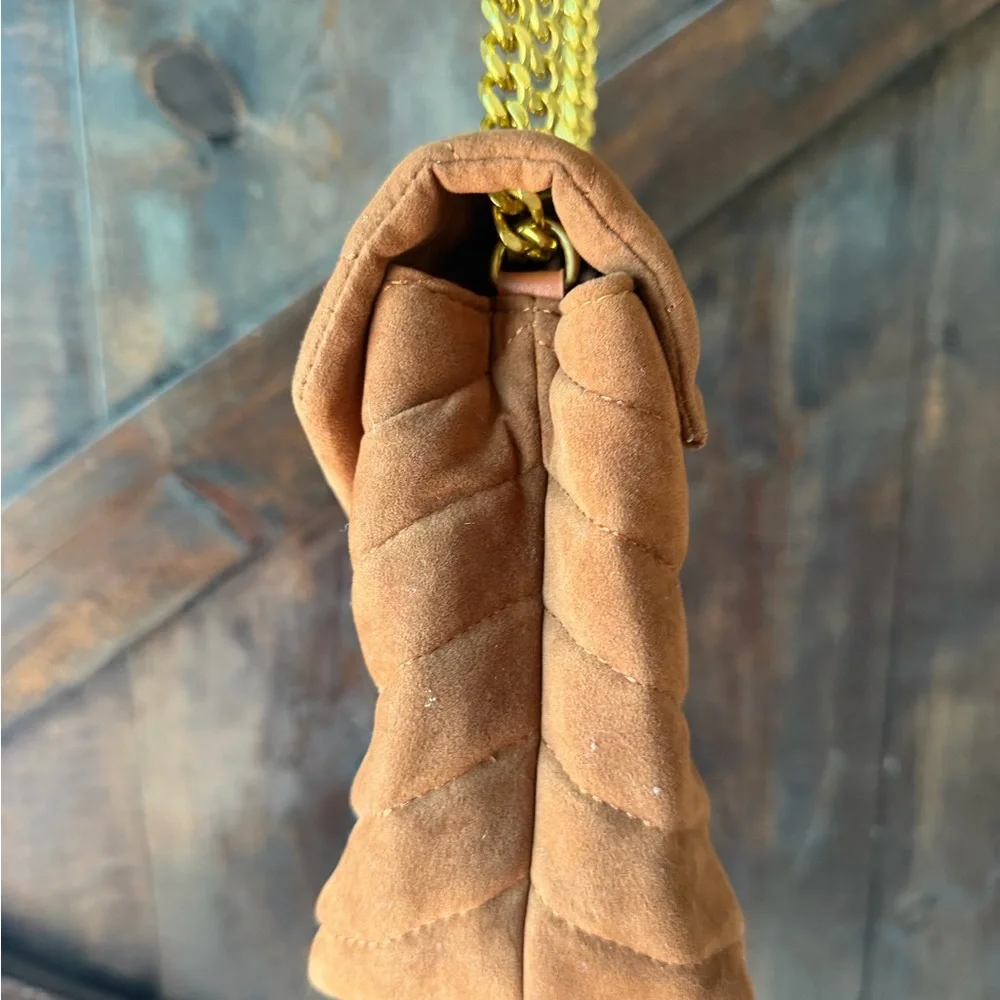 Brown Tan Quilted Shoulder Bag with Gold Chain - Picture 13 of 14